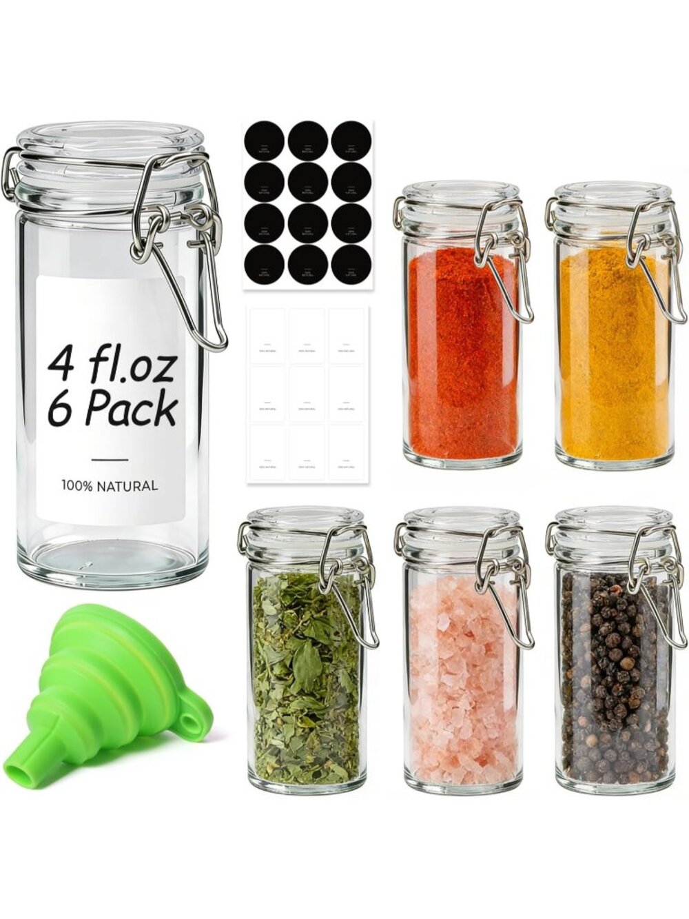 New Small Glass Spice Jars with Airtight Lids 4 oz 6 Pack with Labels